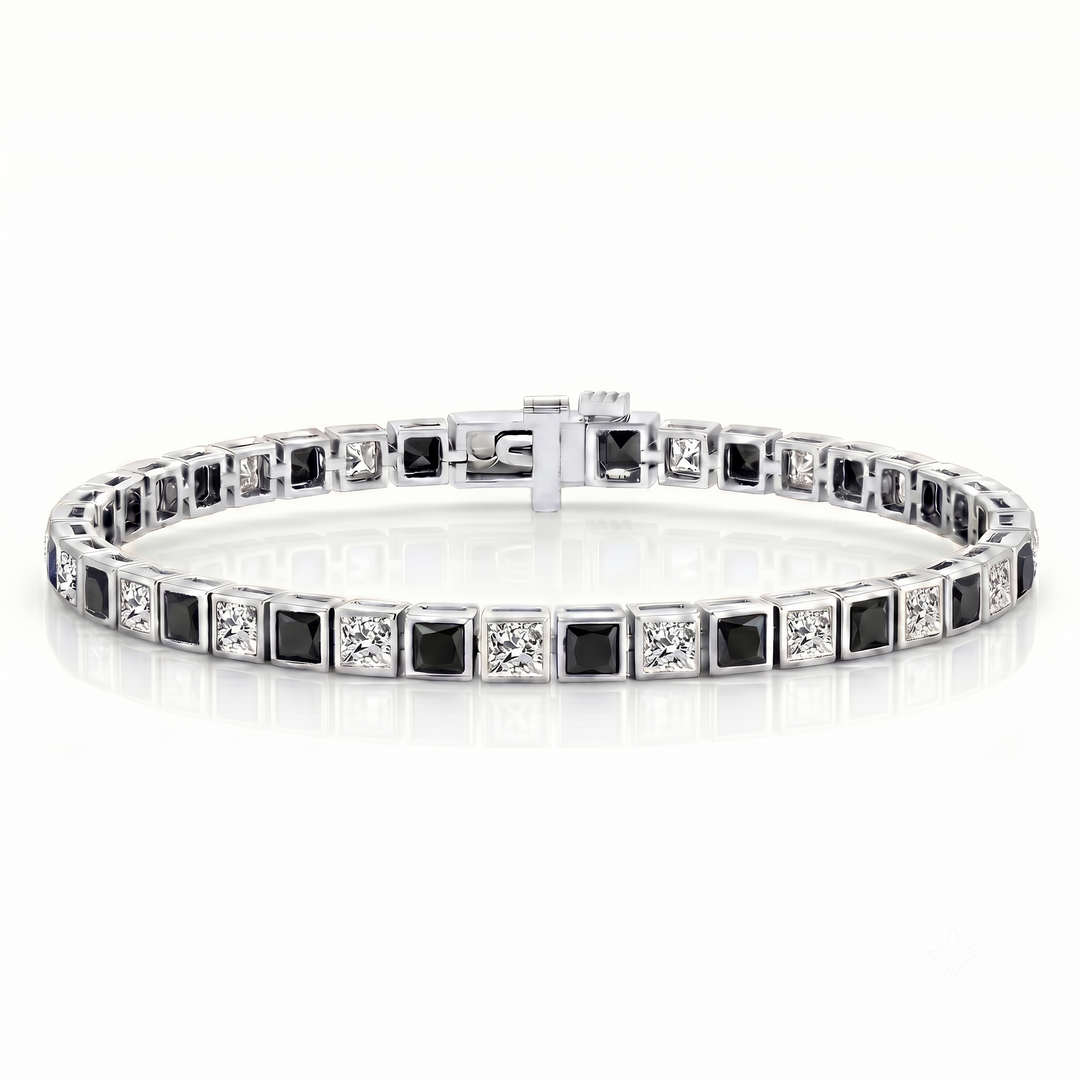 Bezel Set Alternating Princess Cut Natural Black & Natural Diamond Tennis Bracelet 14K Solid Gold