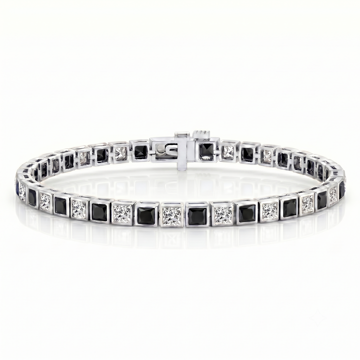Bezel Set Alternating Princess Cut Natural Black & Natural Diamond Tennis Bracelet 18K Solid Gold