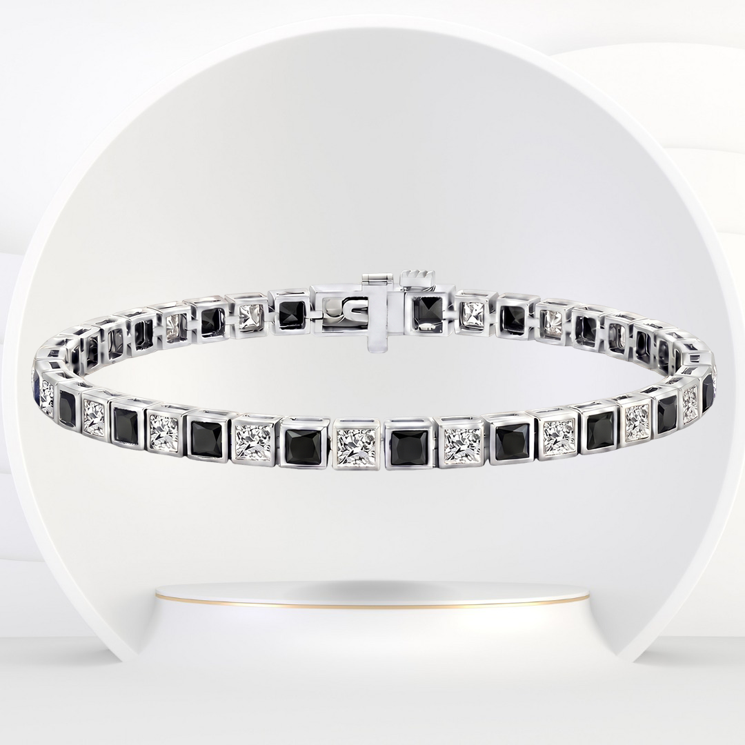 Bezel Set Alternating Princess Cut Natural Black & Natural Diamond Tennis Bracelet 14K Solid Gold