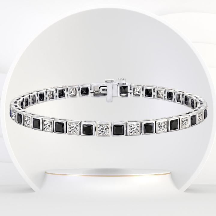 Bezel Set Alternating Princess Cut Natural Black & Natural Diamond Tennis Bracelet 14K Solid Gold