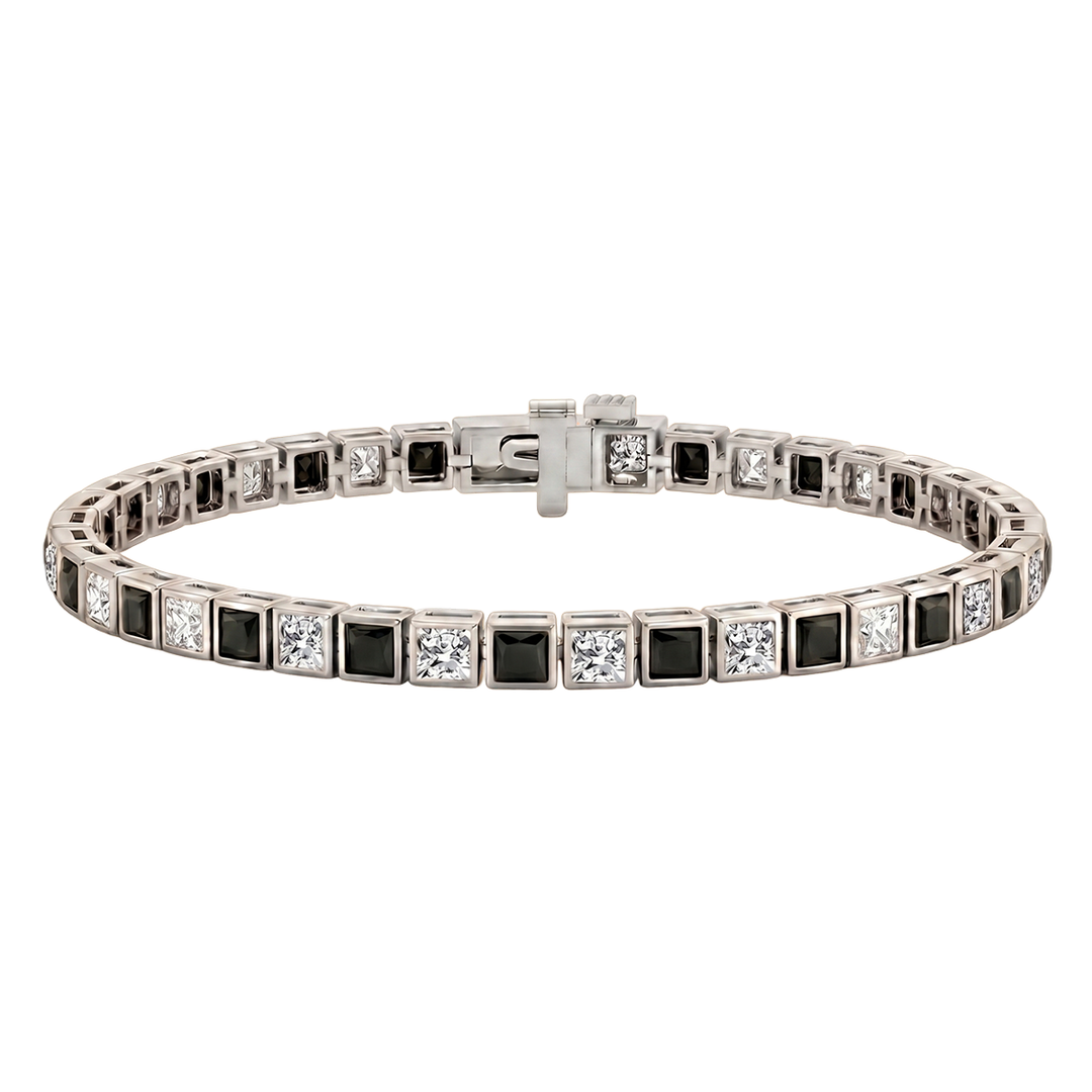 Bezel Set  Princess Cut Natural Black & Natural Diamond Bracelet  WG
