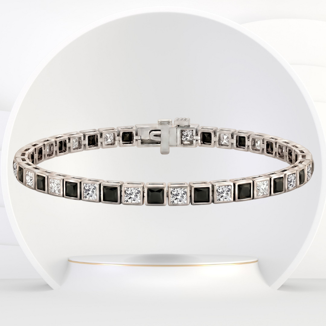 Bezel Set  Princess Cut Natural Black & Natural Diamond Bracelet  WG