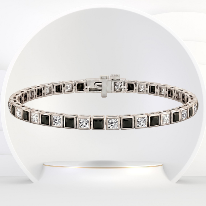 Bezel Set  Princess Cut Natural Black & Natural Diamond Bracelet  WG