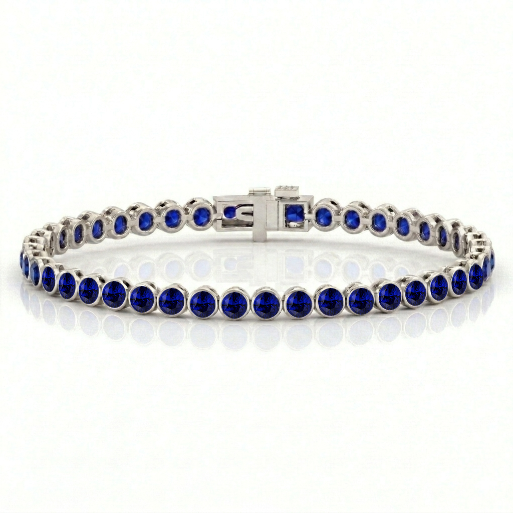 Natural Blue Sapphire Round Bezel Tennis Bracelet WG1