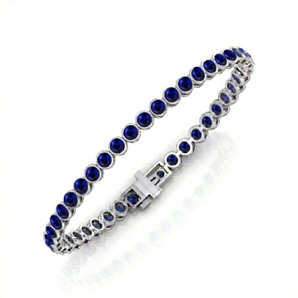 Natural Blue Sapphire Round Bezel Tennis Bracelet WG