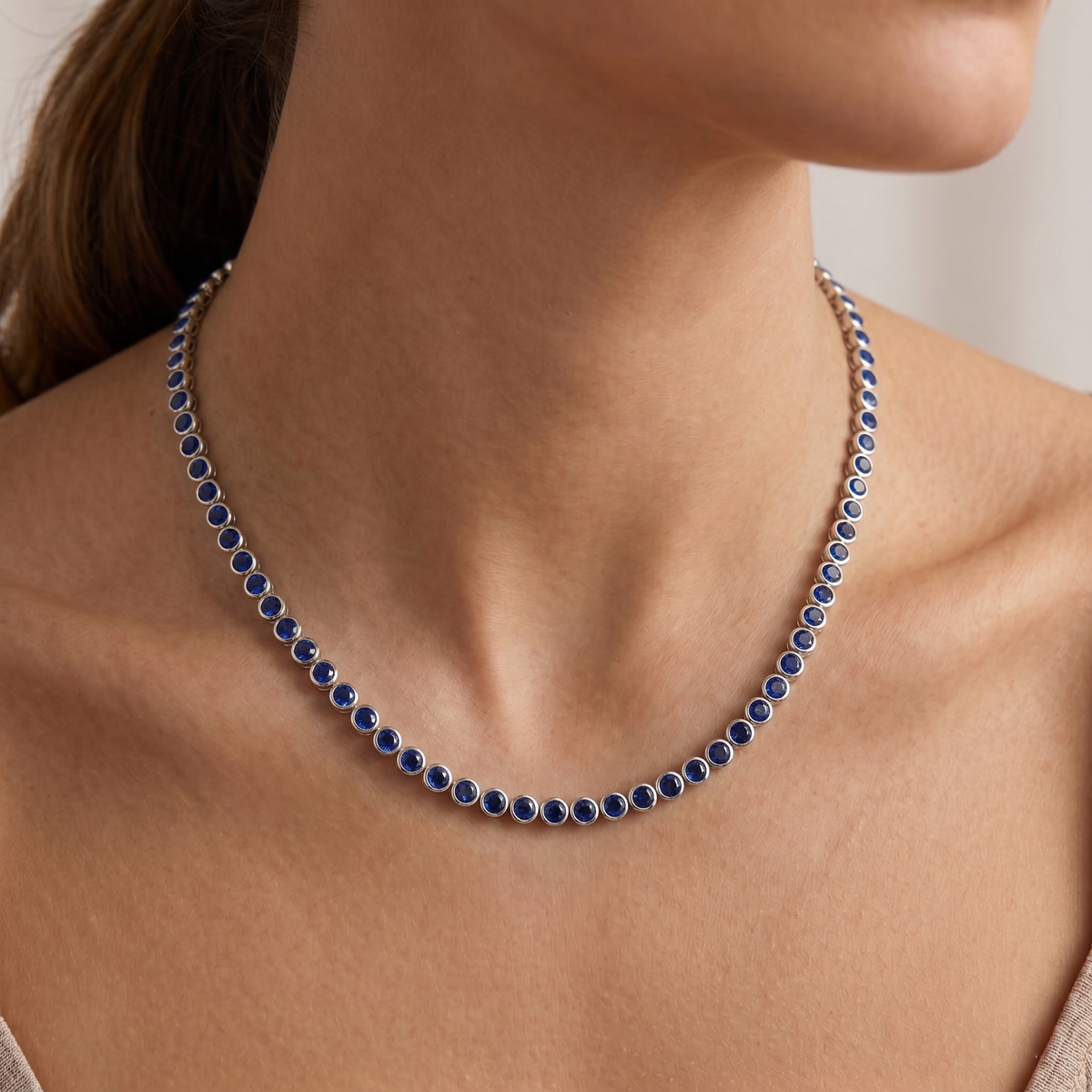 Bezel Set Natural Blue Sapphire Tennis Necklace Lifestyle WG