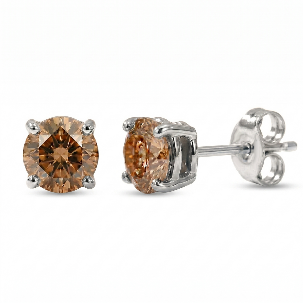 Natural Chocolate Champagne Diamond Round Studs White Gold 14K