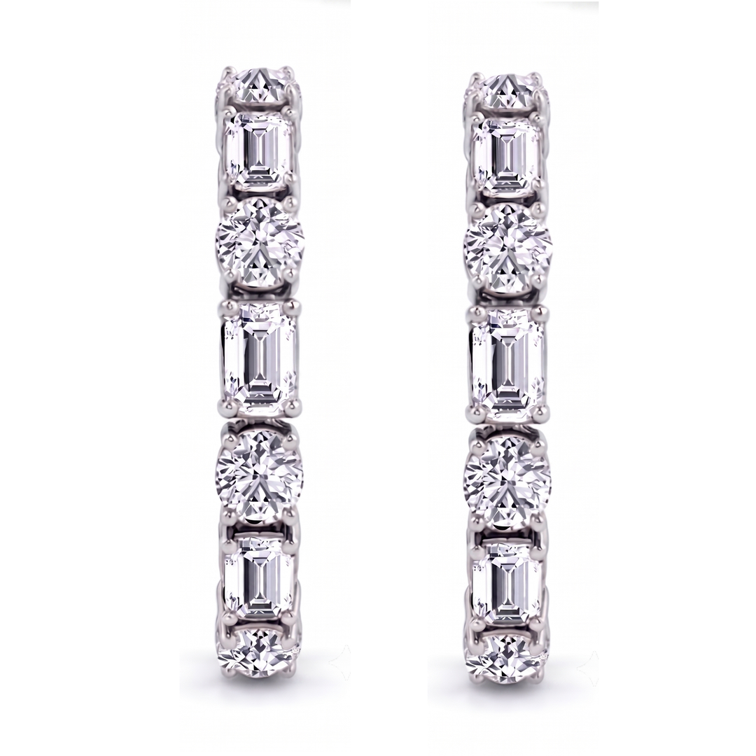 Alternating Emerald Cut and Round Natural Diamond Hoop Earrings WG  2