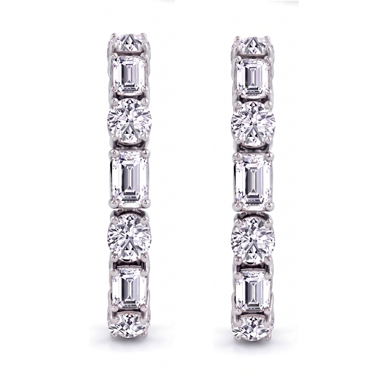 Alternating Emerald Cut and Round Natural Diamond Hoop Earrings WG  2