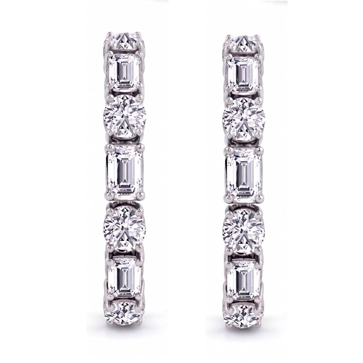 Alternating Emerald Cut and Round Natural Diamond Hoop Earrings WG  2