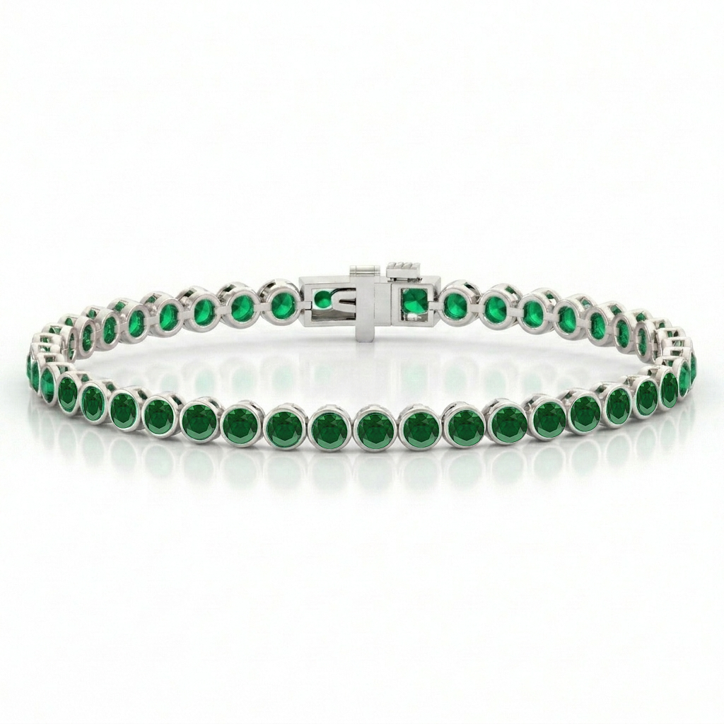 Natural Green Emerald Round Bezel Tennis Bracelet WG 2