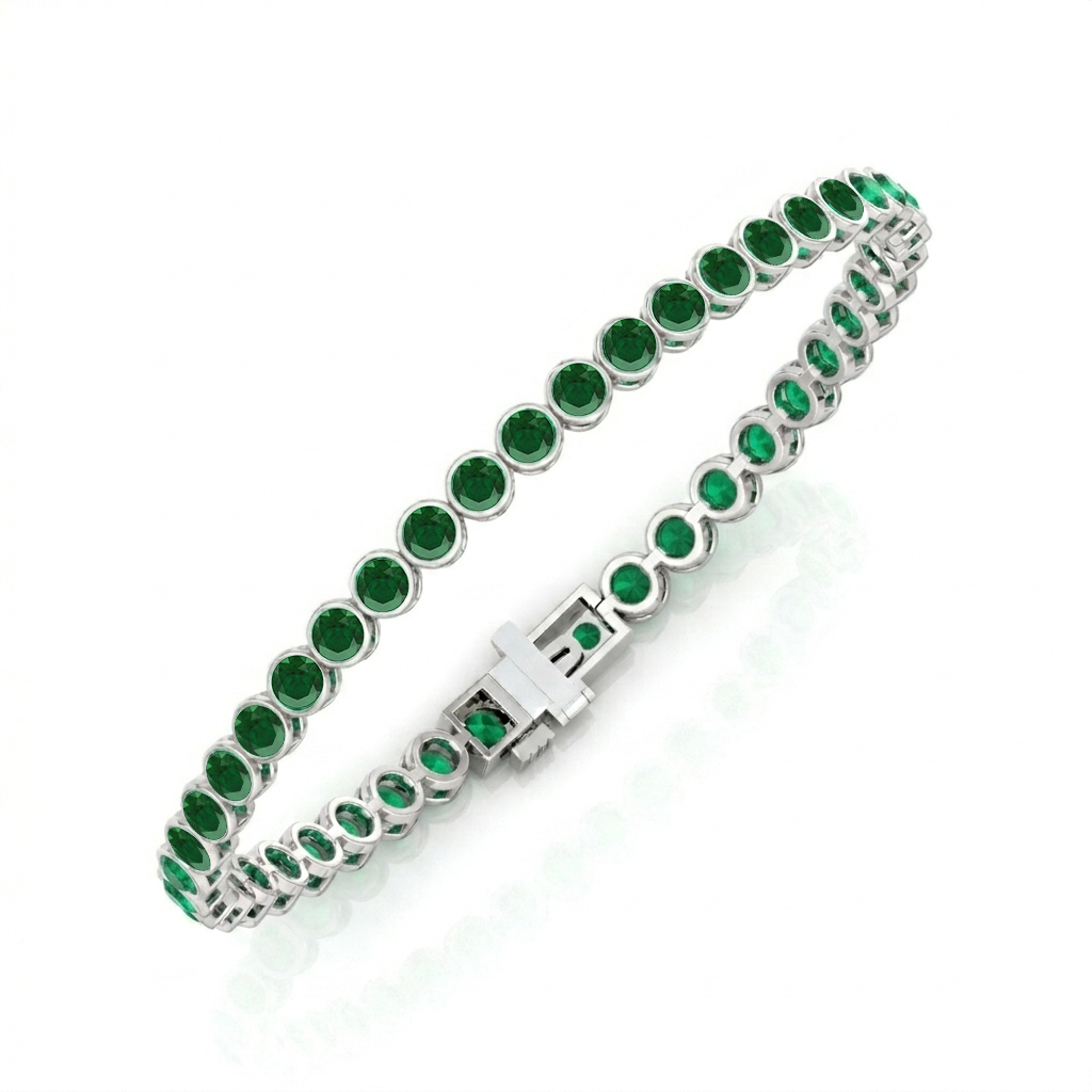 Natural Green Emerald Round Bezel Tennis Bracelet WG 3