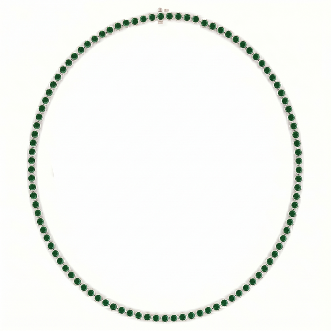 Bezel Set Natural Green Emerald Tennis Necklace WG