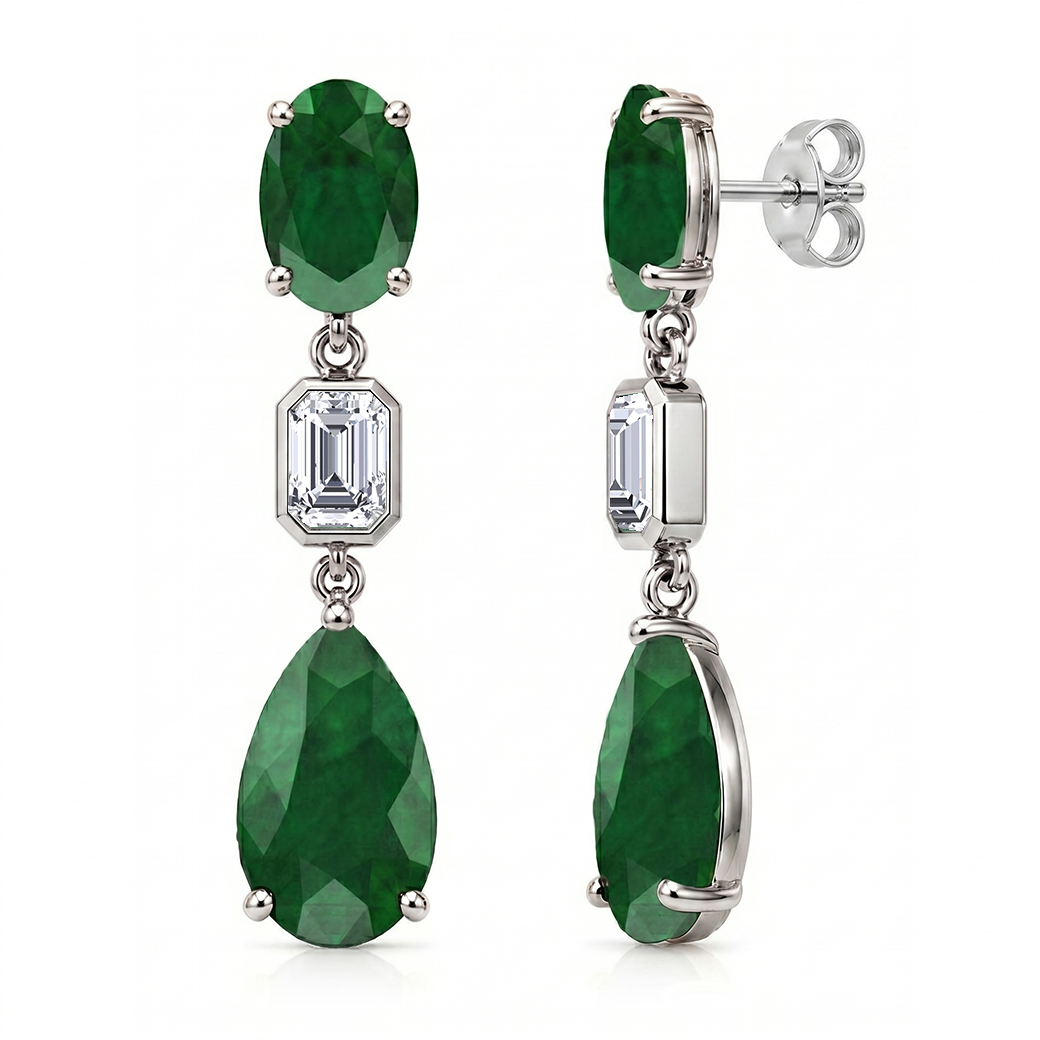 12CT Natural Oval & Pear Shape Green Emerald with Emerald Cut Diamond Drop Earrings