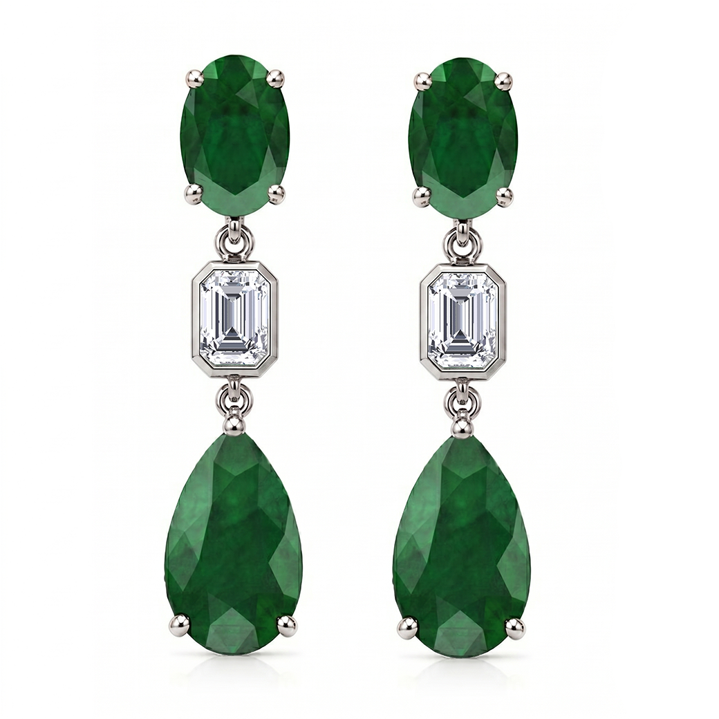 12CT Natural Oval & Pear Shape Green Emerald with Emerald Cut Diamond Drop Earrings