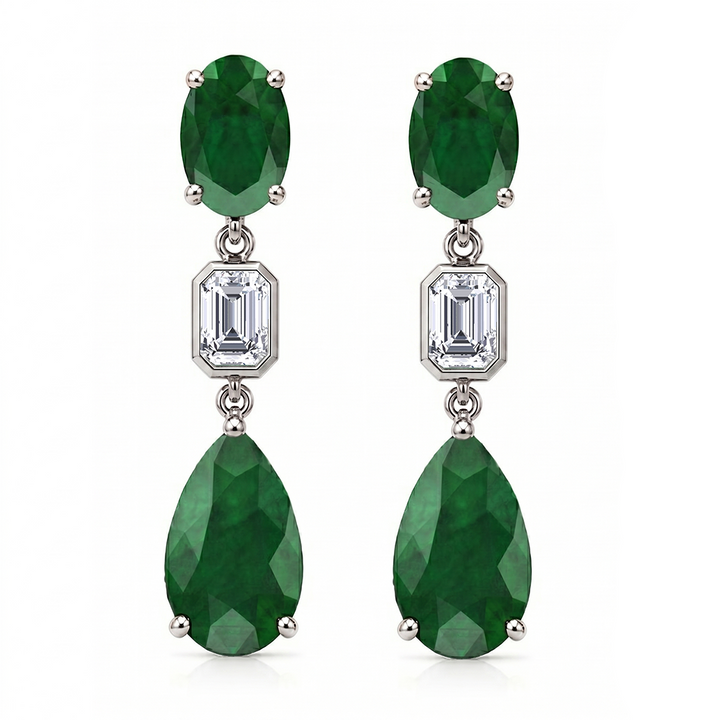 12CT Natural Oval & Pear Shape Green Emerald with Emerald Cut Diamond Drop Earrings