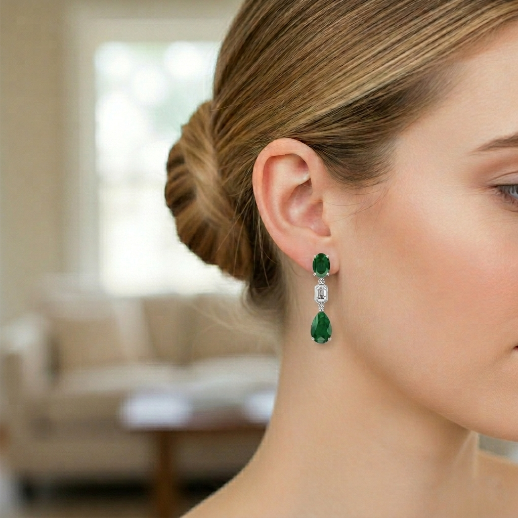 12CT Natural Oval & Pear Shape Green Emerald with Emerald Cut Diamond Drop Earrings
