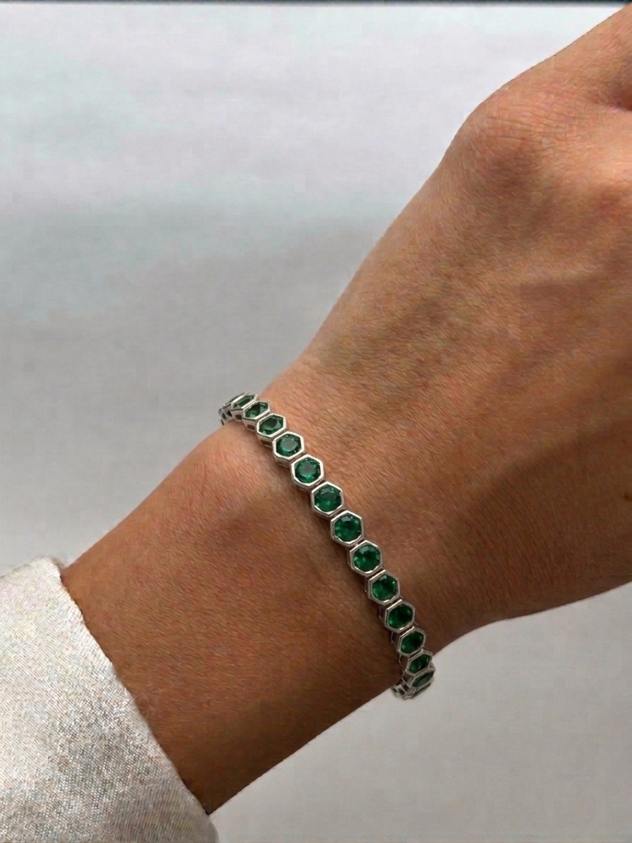 Bezel Set Natural Green Emerald Honeycomb Tennis Bracelet lifestyle WG