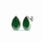 Bezel Set Natural Green Emerald Pear Shape Diamond Studs WG