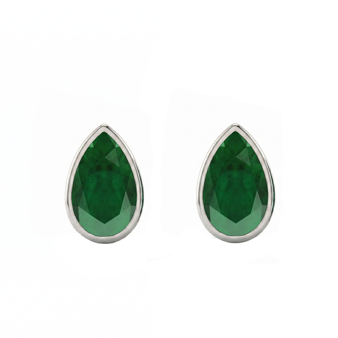 Bezel Set Natural Green Emerald Pear Shape Diamond Studs WG2