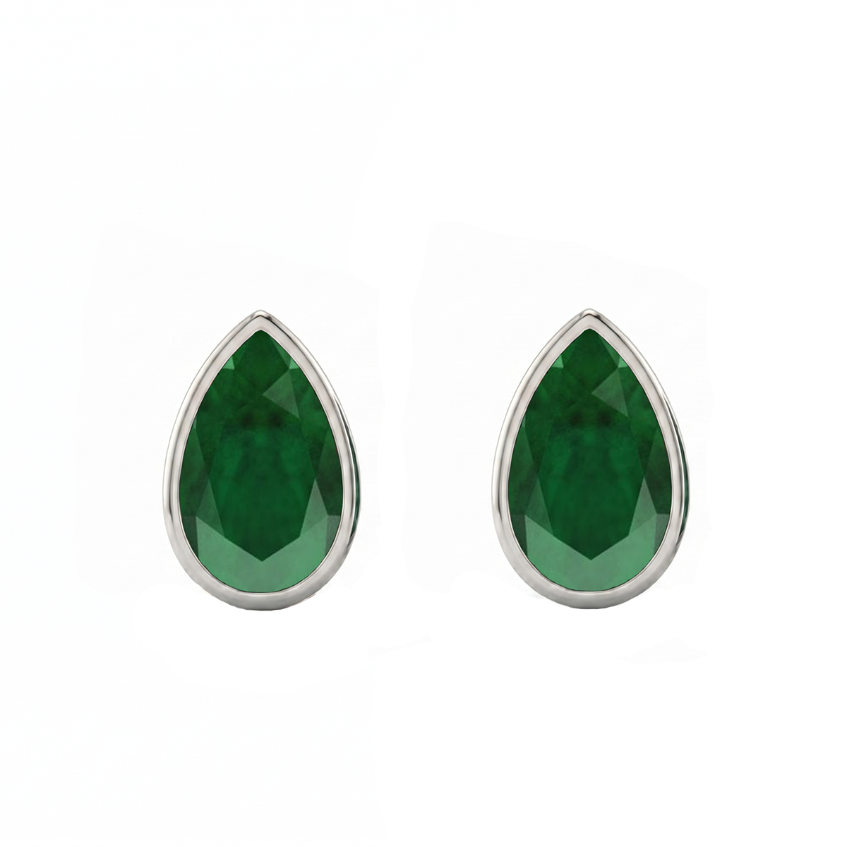 Bezel Set Natural Green Emerald Pear Shape Diamond Studs WG2