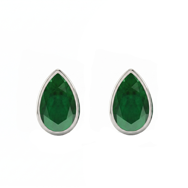 Bezel Set Natural Green Emerald Pear Shape Diamond Studs WG2