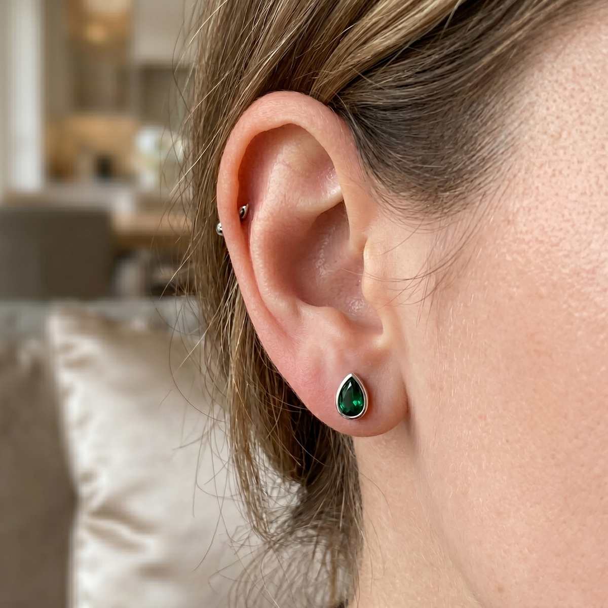 Bezel Set Natural Green Emerald Pear Shape Diamond Studs lifestyle WG