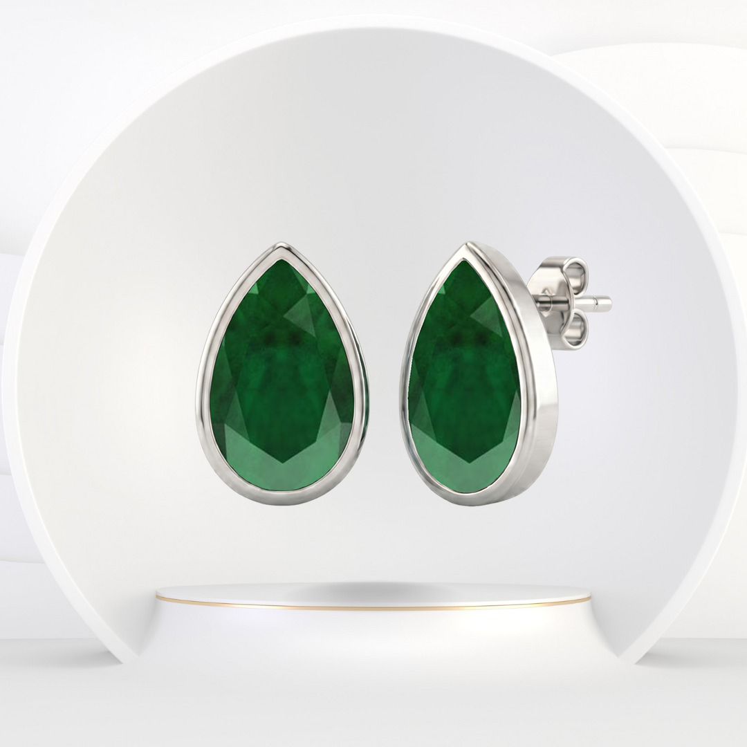 Bezel Set Natural Green Emerald Pear Shape Diamond Studs 