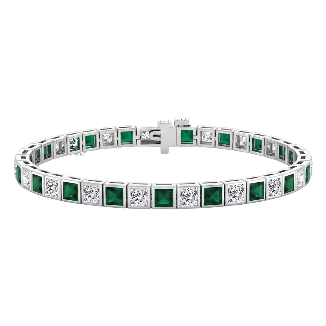 Bezel Set Princess Cut Natural Green Emerald & Natural Diamond Bracelet WG2