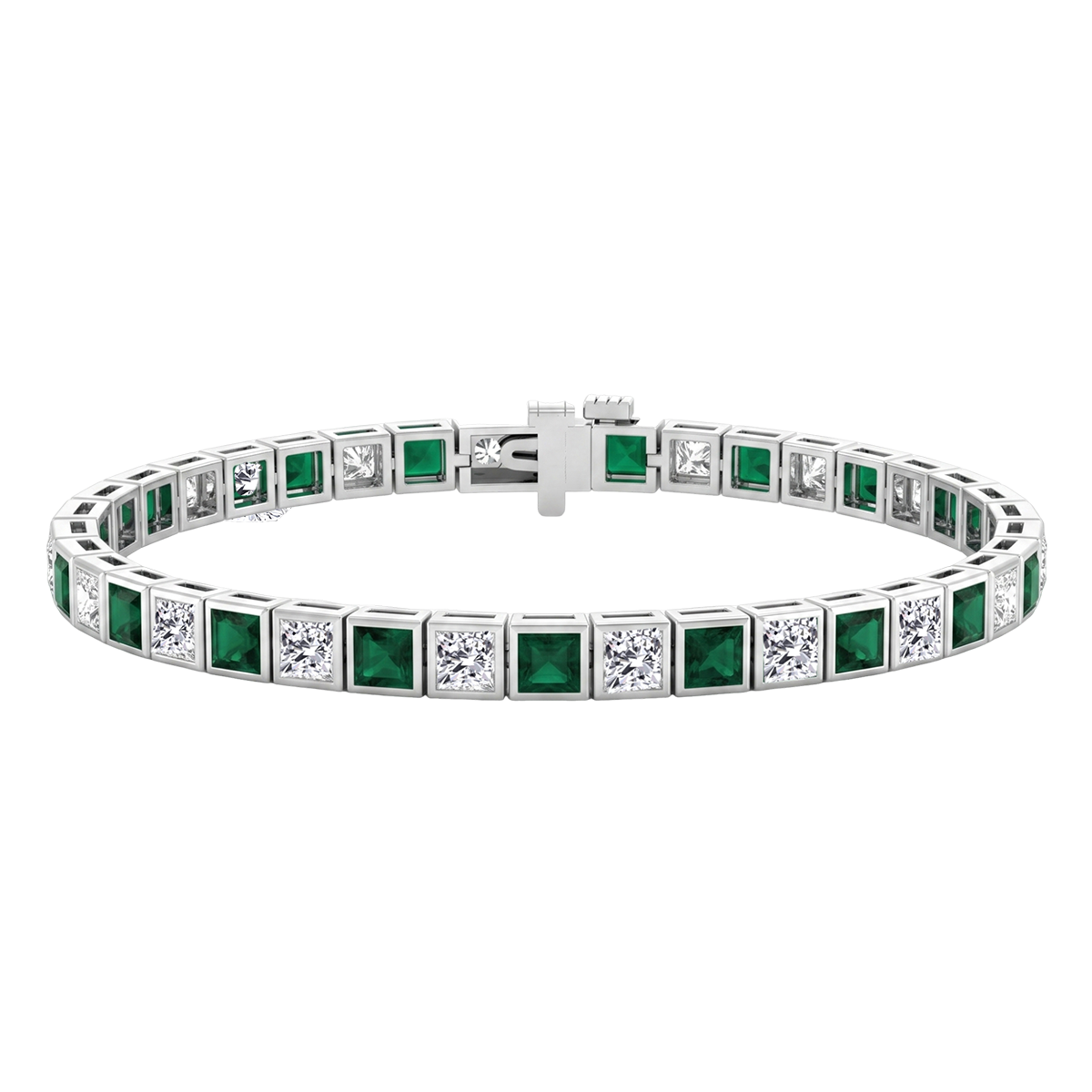 Bezel Set Princess Cut Natural Green Emerald & Natural Diamond Bracelet WG2