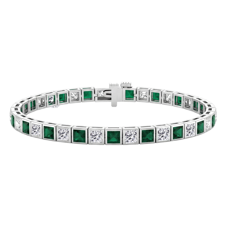 Bezel Set Princess Cut Natural Green Emerald & Natural Diamond Bracelet WG2