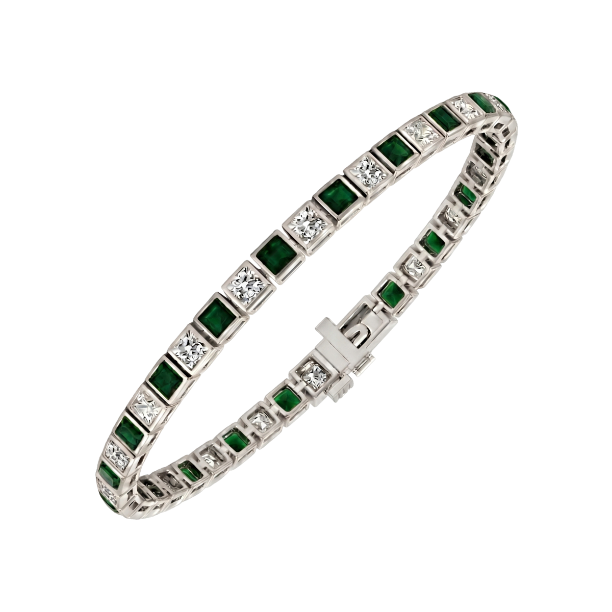 Bezel Set Princess Cut Natural Green Emerald & Natural Diamond Bracelet WG3