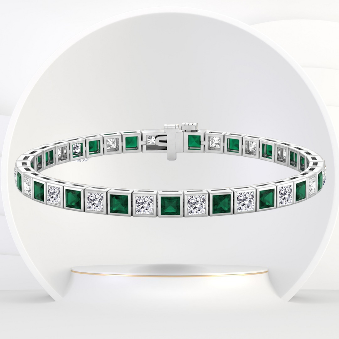 Bezel Set Princess Cut Natural Green Emerald & Natural Diamond Bracelet WG