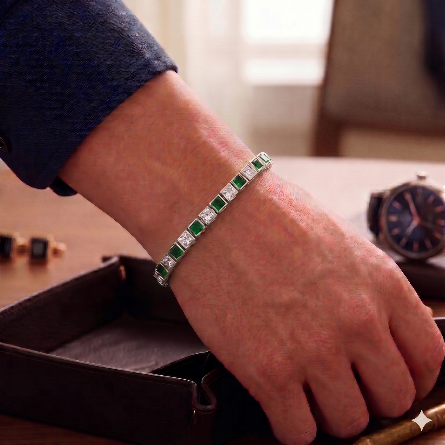 Bezel Set Princess Cut Natural Green Emerald & Natural Diamond Bracelet Lifestyle WG