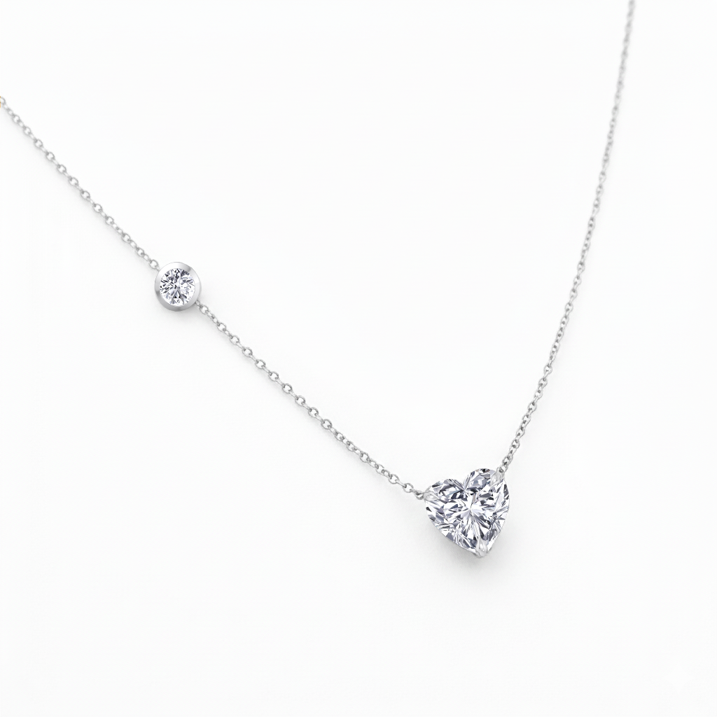 WG Heart Shape With Round Side Stone Natural Diamond Pendant slight side view