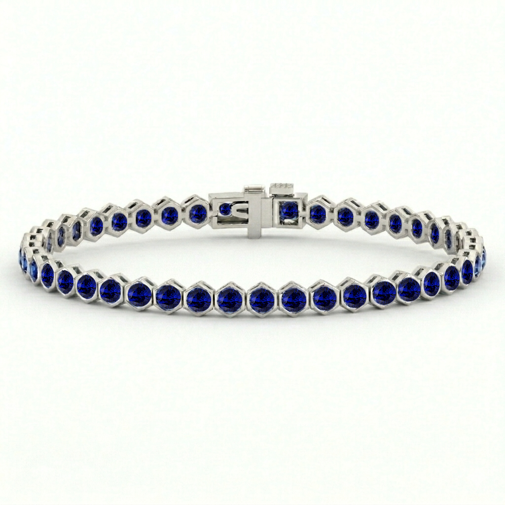 Bezel Set Natural Blue Sapphire Honeycomb Tennis Bracelet 14K Solid Gold  WG2