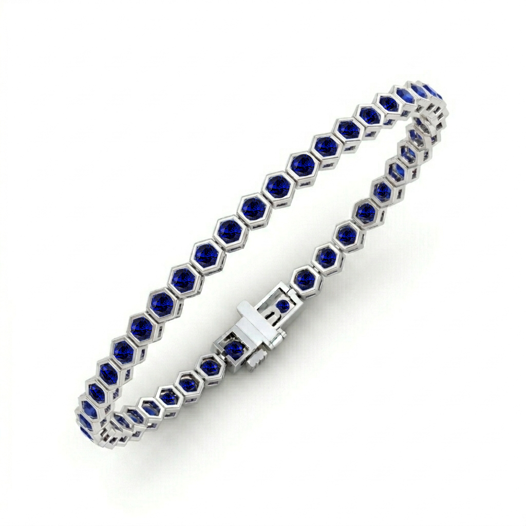 Bezel Set Natural Blue Sapphire Honeycomb Tennis Bracelet 14K WG