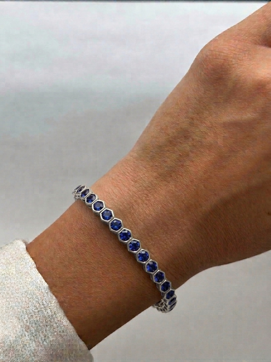 Bezel Set Natural Blue Sapphire Honeycomb Tennis Bracelet 14K Solid Gold lifestyle WG
