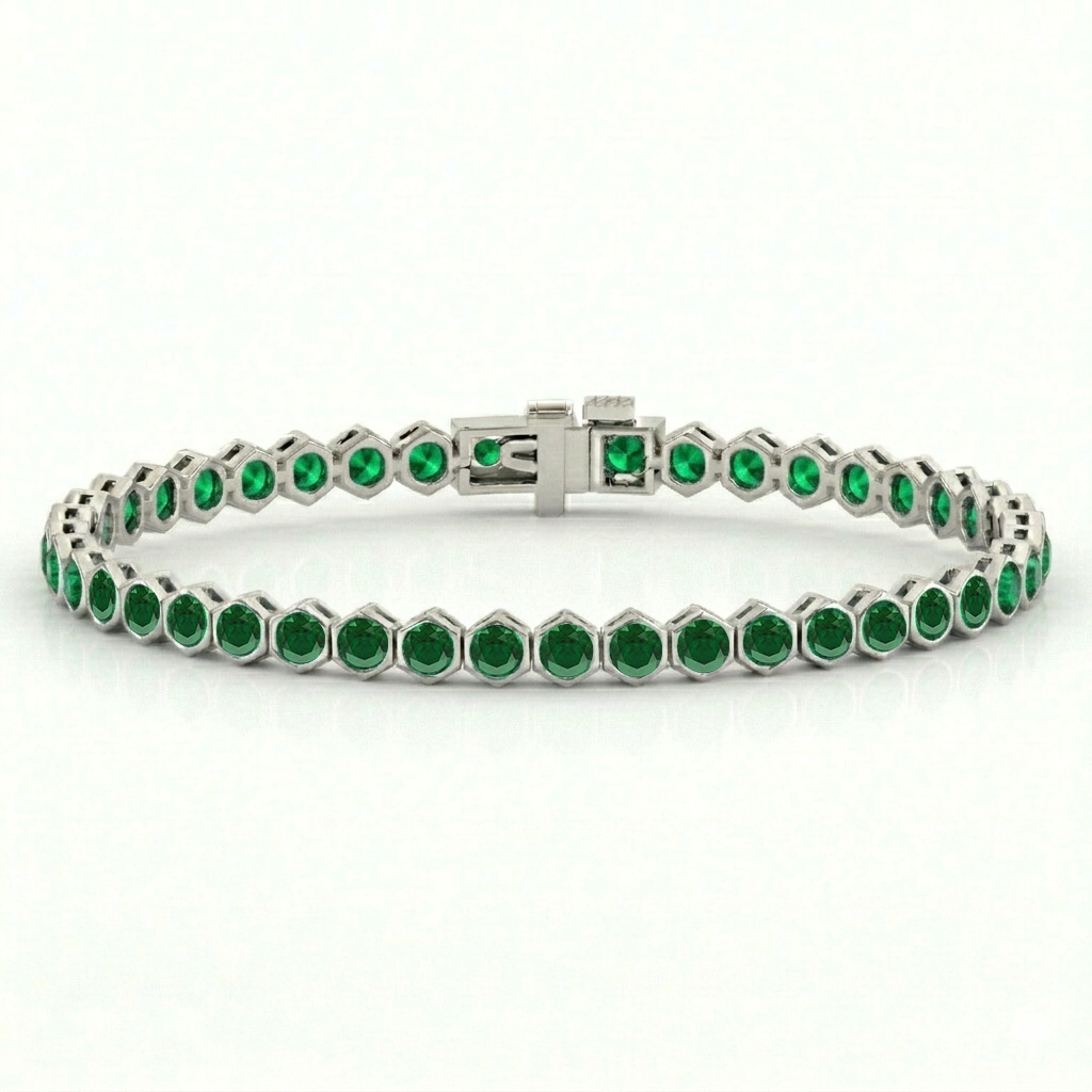 Bezel Set Natural Green Emerald Honeycomb Tennis Bracelet WG