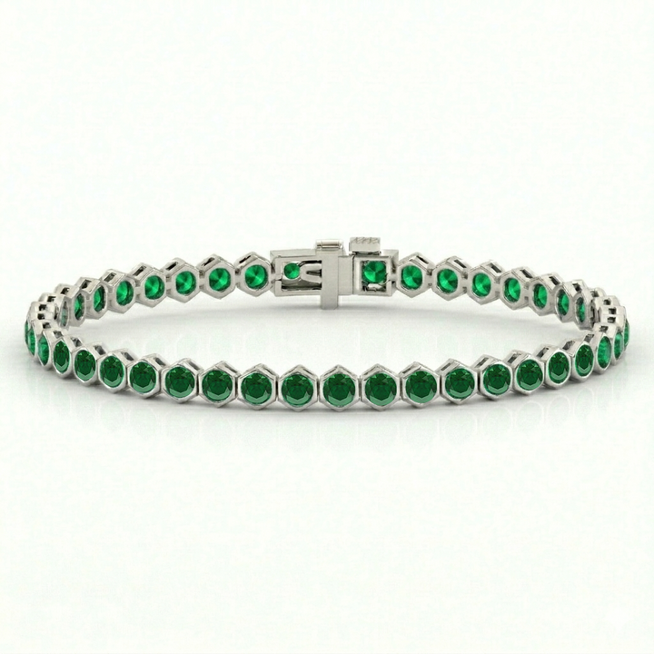 Bezel Set Natural Green Emerald Honeycomb Tennis Bracelet WG