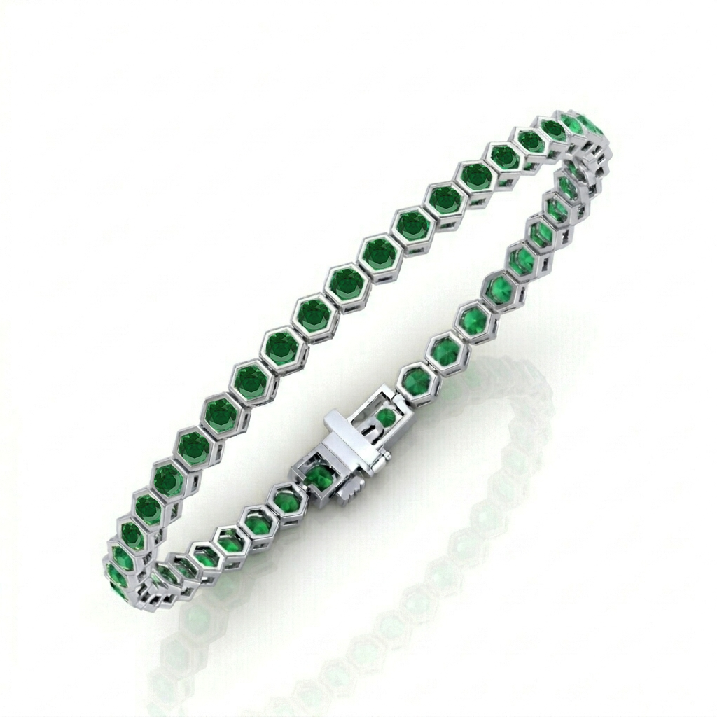Bezel Set Natural Green Emerald Honeycomb Tennis Bracelet WG 2