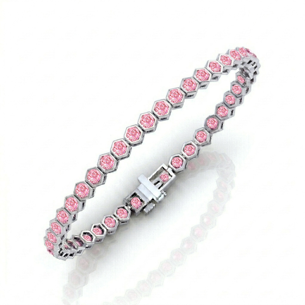 Bezel Set Natural Pink Sapphire Honeycomb Tennis Bracelet WG
