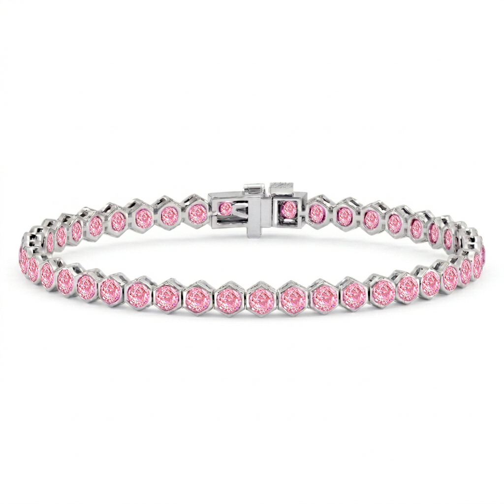 Bezel Set Natural Pink Sapphire Honeycomb Tennis Bracelet WG2