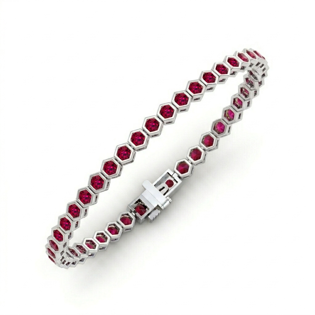 Bezel Set Natural Red Ruby Honeycomb Tennis Bracelet WG