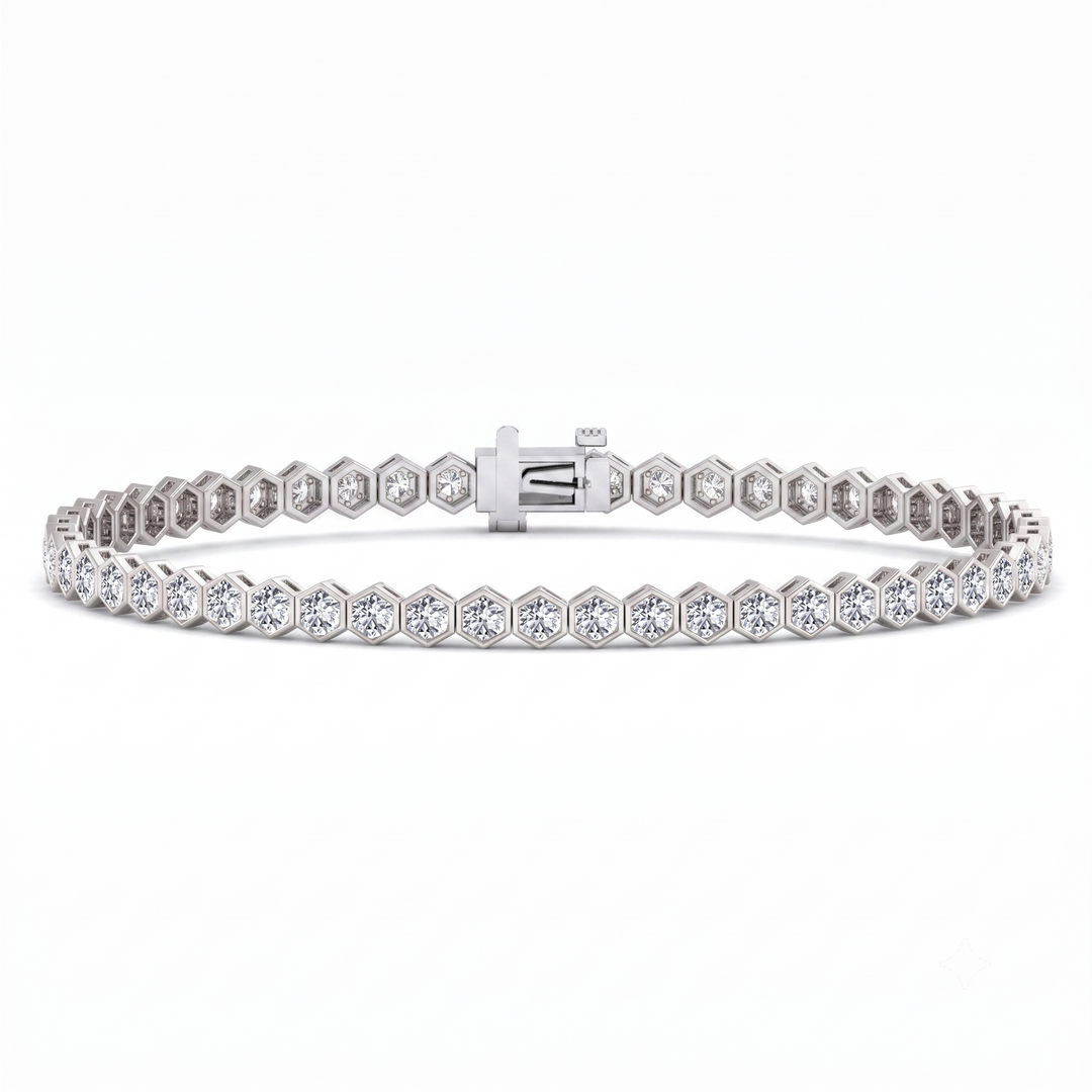 Bezel Set Natural Diamond Honeycomb Tennis Bracelet 14K Solid Gold
