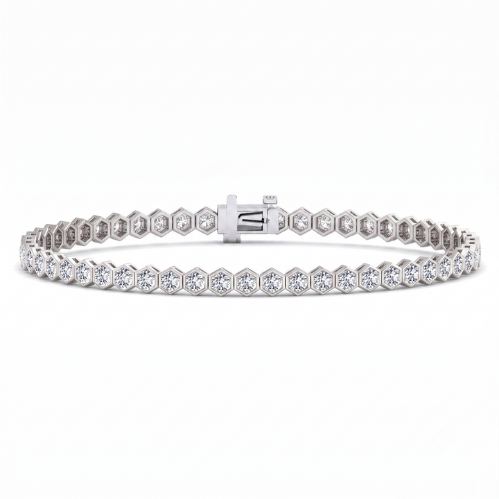 Bezel Set Natural Diamond Honeycomb Tennis Bracelet 18K Solid Gold