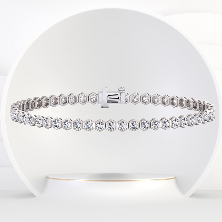 Bezel Set Natural Diamond Honeycomb Tennis Bracelet 14K Solid Gold
