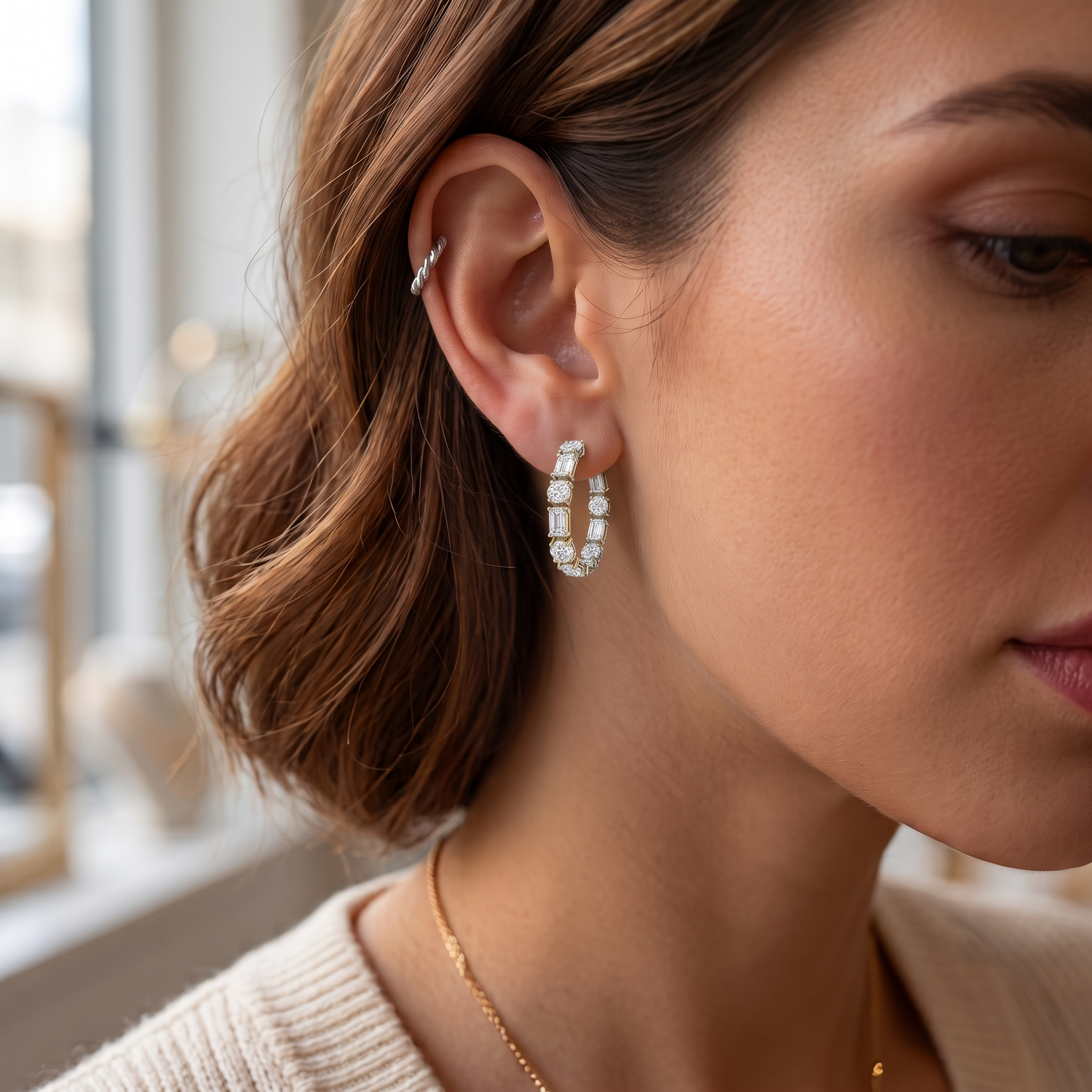 Alternating Emerald Cut and Round Natural Diamond Hoop Earrings WG lifestyle