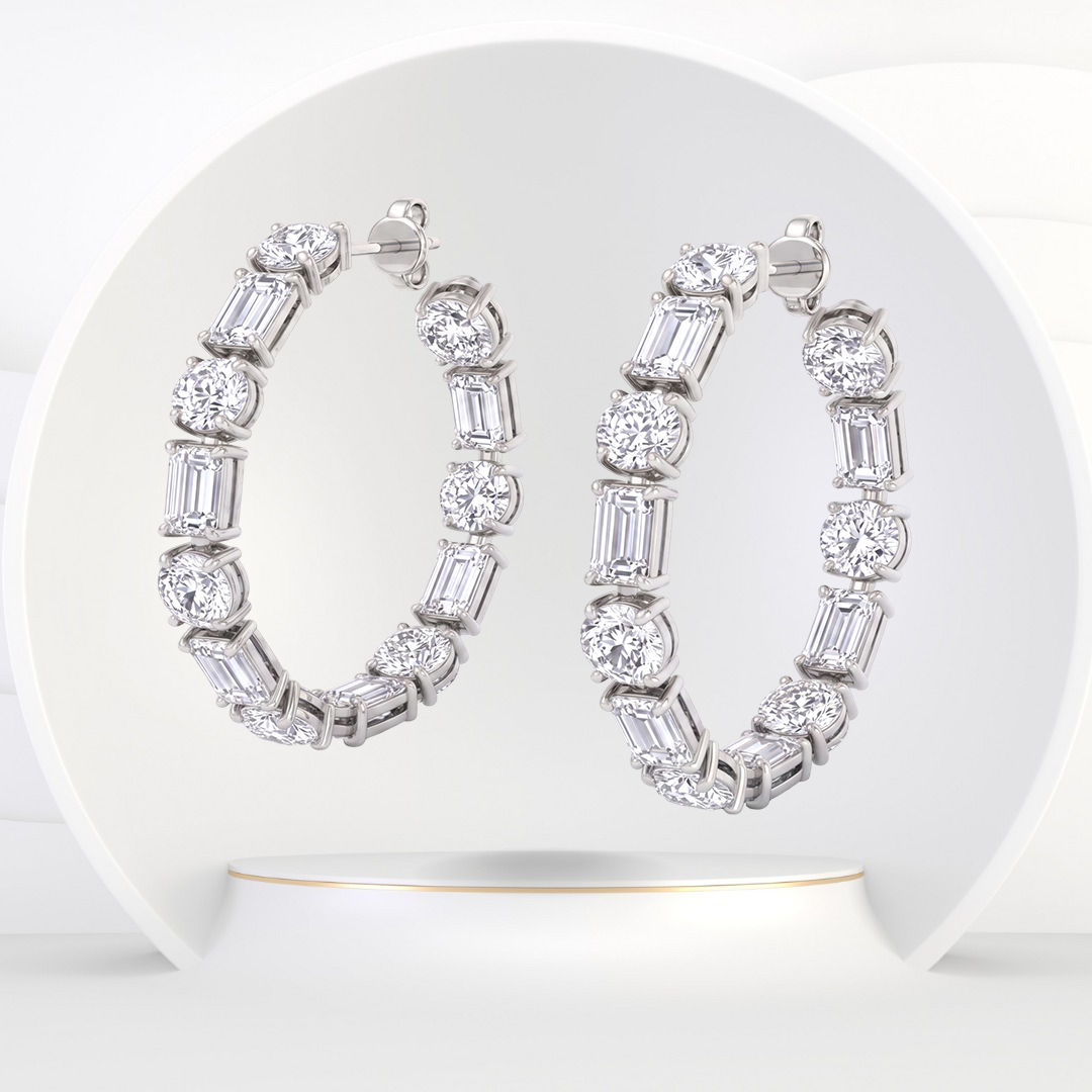 Alternating Emerald Cut and Round Natural Diamond Hoop Earrings