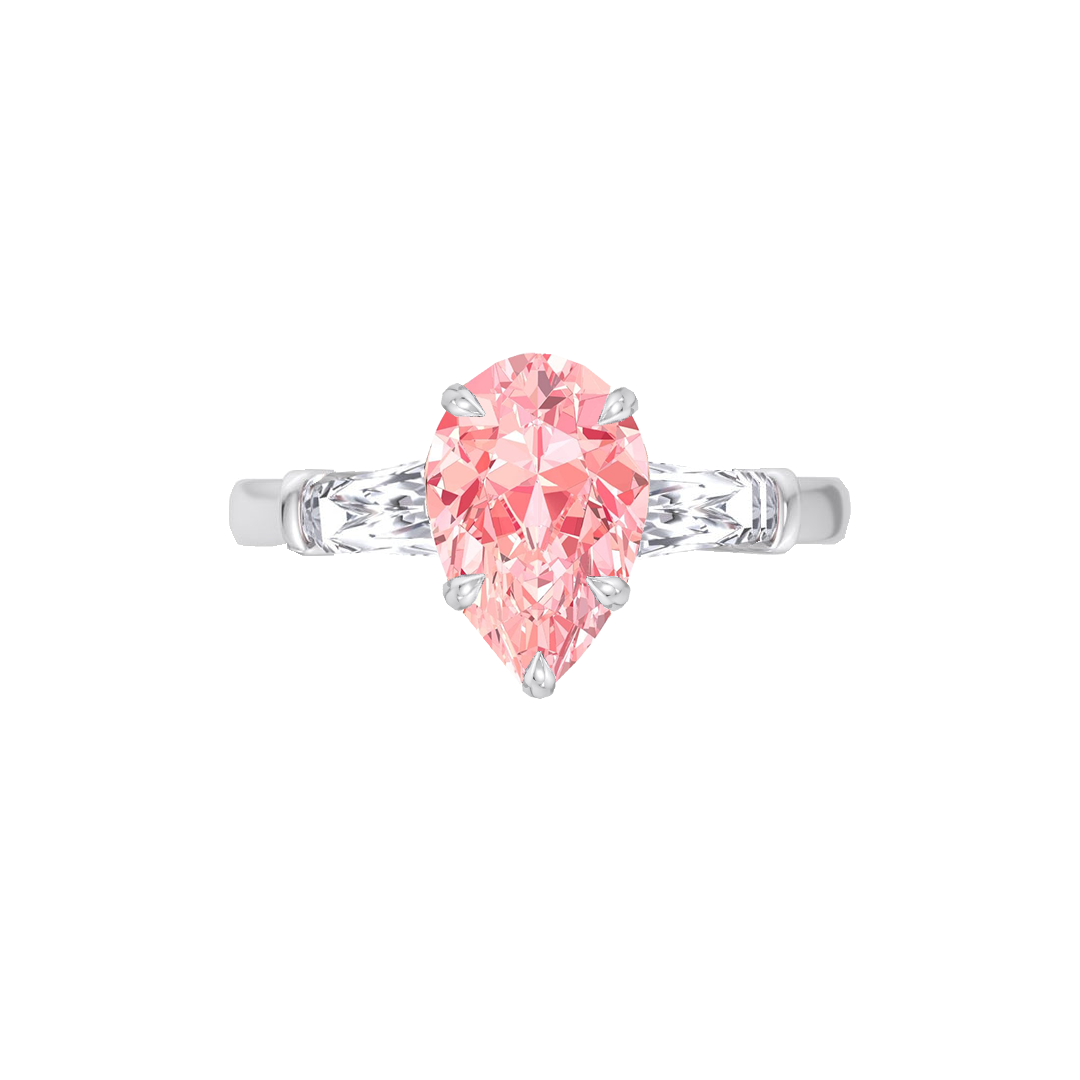WG Pear Shape Pink Diamond Engagement Ring with Tapered Baguettes front view